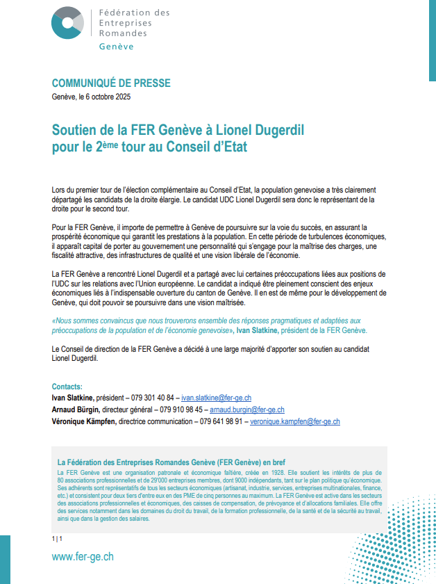 La FER Genève soutient Lionel Dugerdil - Communiqué de presse de la FER